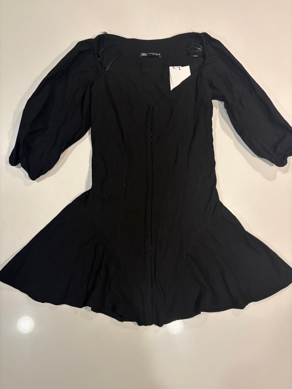 Zara Black Puff-Sleeve Fit and Flare Mini Dress